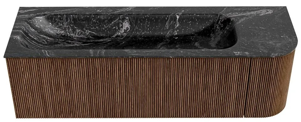 Mondiaz Kurve-dlux 145cm badmeubel ronding rechts walnut met 1 lade en deur en wastafel big large links zonder kraangat lava
