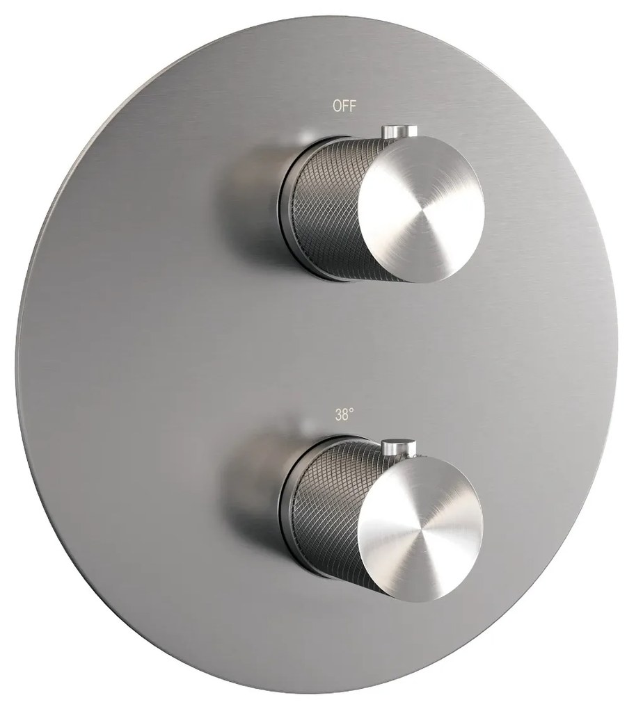 Brauer Brushed Carving thermostatische inbouw regendouche met 3 standen handdouche, rechte muurarm en hoofddouche 30cm set 80 RVS geborsteld PVD