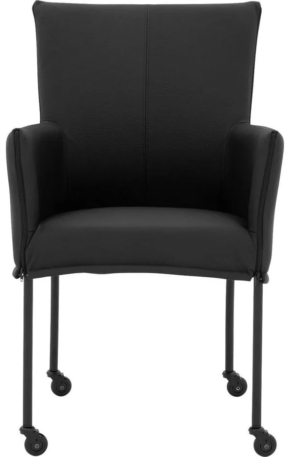 Goossens Eetkamerstoel Funk Zwarte Poten zwart leer met armleuning en Zwart skater wiel met zwarte kapmet wielen, modern design
