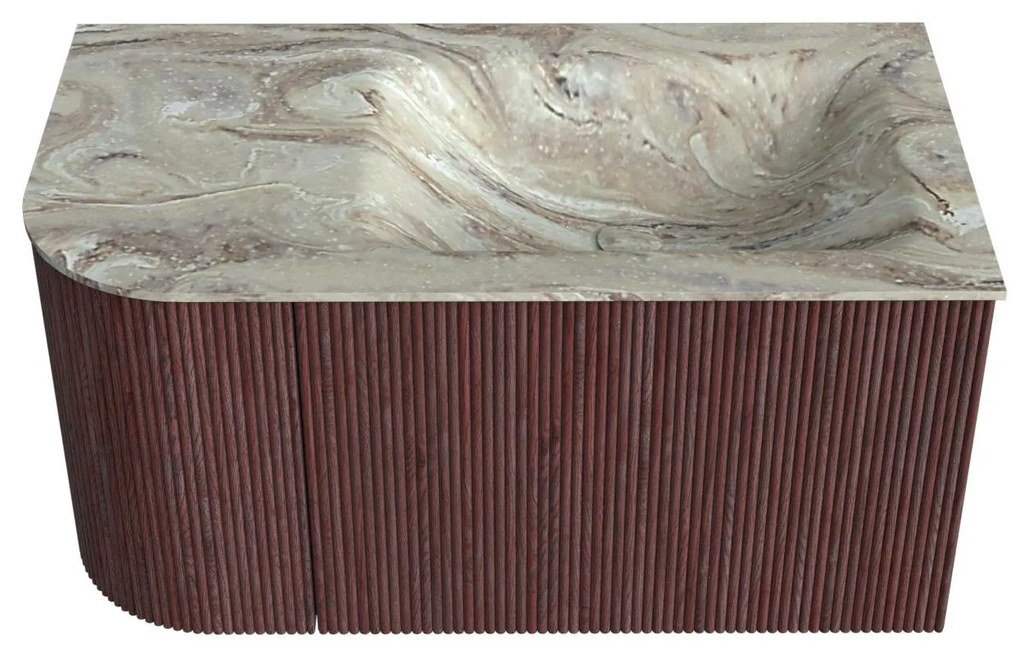 Mondiaz Kurve-dlux 85cm badmeubel ronding links ruby met 1 lade en deur en wastafel cloud rechts zonder kraangat glace