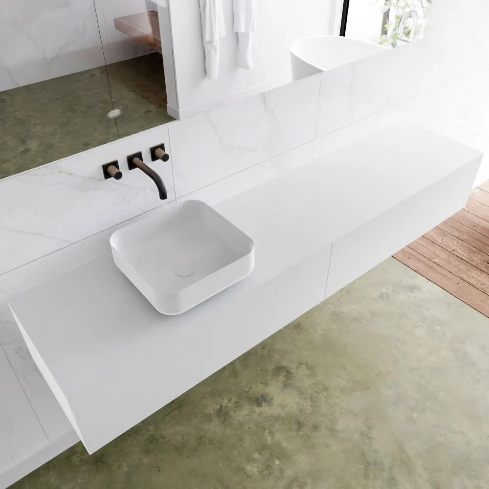 Zaro Lagom volledig naadloos solid surface onderkast met topblad 200cm mat wit met 2 lades Push tot open. Compleet met solid surface opzetkom met 0 kraangat(en)