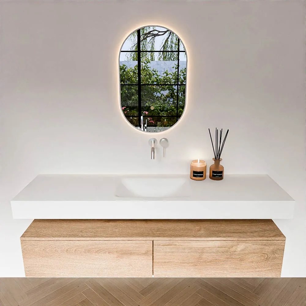 Zaro Alan badmeubel 170cm washed oak 2 lades met vrijhangende wastafel cloud midden zonder kraangat talc
