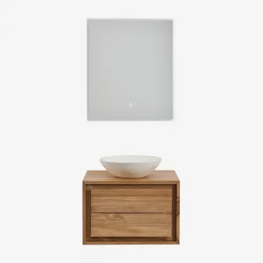 Jabari Teakhouten Badkamermeubelset Teakhout & Rond Cement Wit Ø40 Cm Zavion & Rechthoekige Led En Anticondens 60x70 Cm Riben & Zonder Kraan - Sklum