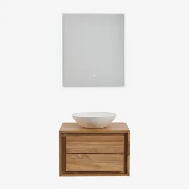 Jabari Zwevend Badkamermeubelset Van Teakhout Teakhout & Rond Cement Wit Ø40 Cm Zavion & Rechthoekige Led En Anticondens 60x70 Cm Riben & - Sklum