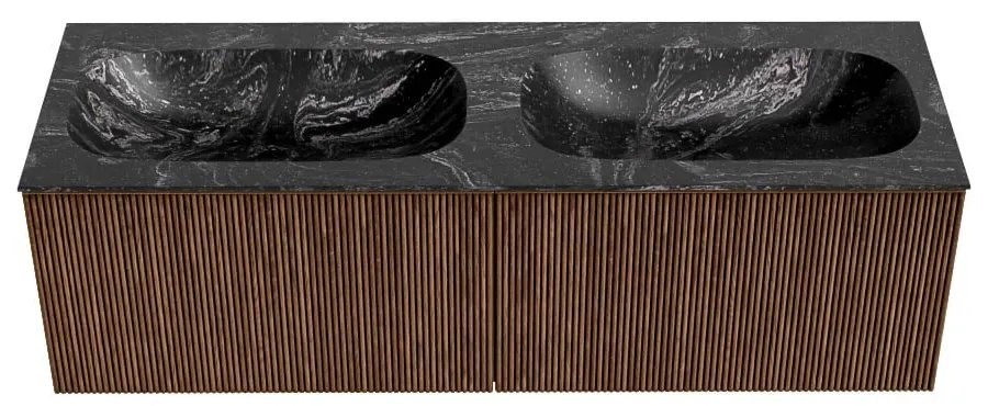 Mondiaz Kurve-dlux 140cm badmeubel walnut met 2 lades en wastafel stor small dubbel zonder kraangat lava