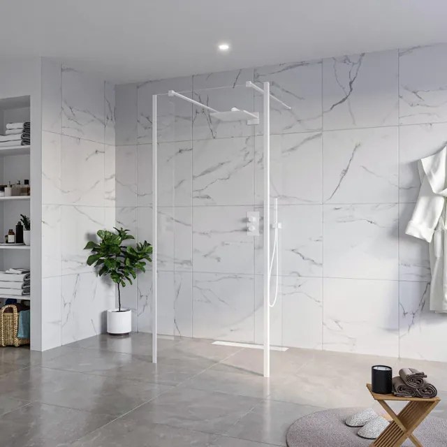 Fortifura Galeria Vrijstaande Inloopdouche - 90x200cm - Helder - antikalk - 8mm veiligheidsglas - 2 zijwanden 40cm - wandsteunen en hoekprofielen - Wit mat SW927768 2x/SW797926/SW797911 2x/SW541264 2x