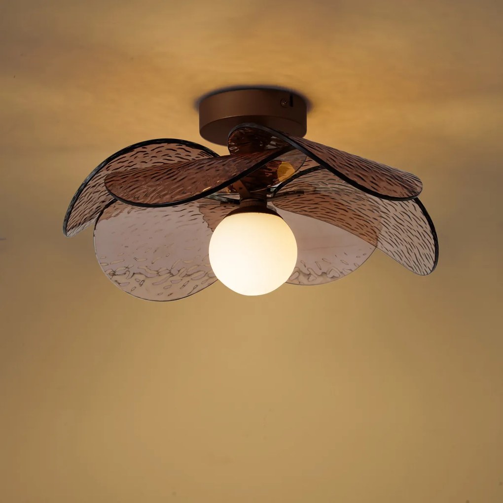 Design plafondlamp donker brons met ribbel glas - Kemner