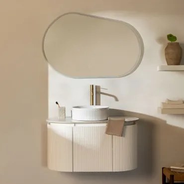 Carsone Houten Badkamermeubelset Wit & Zonder Extra Eenheid & Redondo Cerámica Blanco Rayas Ø36 Cm Sinqua & Ovaal Led En Anticondens 100x80 - Sklum