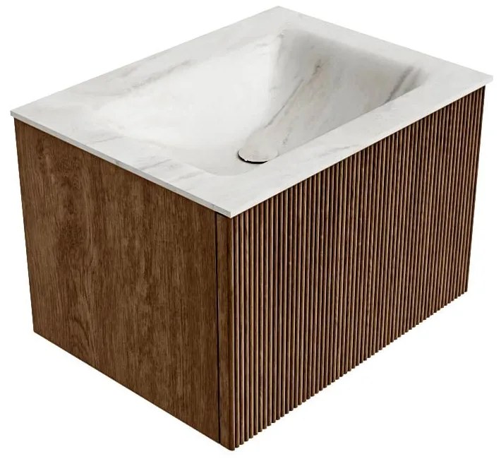 Mondiaz Kurve-dlux 60cm badmeubel walnut met 1 lade en wastafel cloud midden 1 kraangat ostra