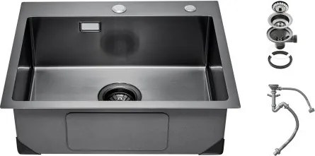 VEVOR Keukenspoelbak Inbouwspoelbak 55 x 45 x 19 cm Gemaakt van roestvrij staal Spoelbakken voor bovenmontage, Enkele spoelbak voor huishoudelijk gebruik in de camper (zwart)