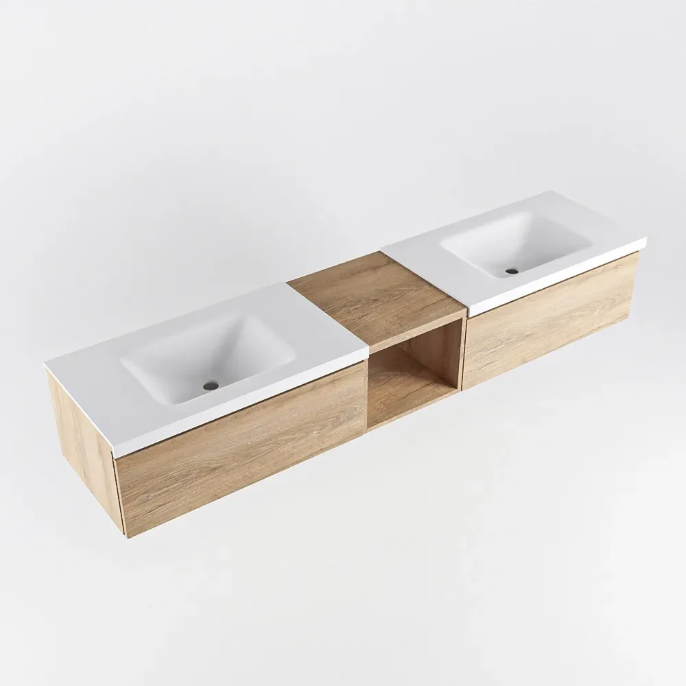 Mondiaz Bukla 200cm badmeubel met open module 40 Washed Oak met 2 lades wastafel Cloud dubbel 0 kraangaten Talc