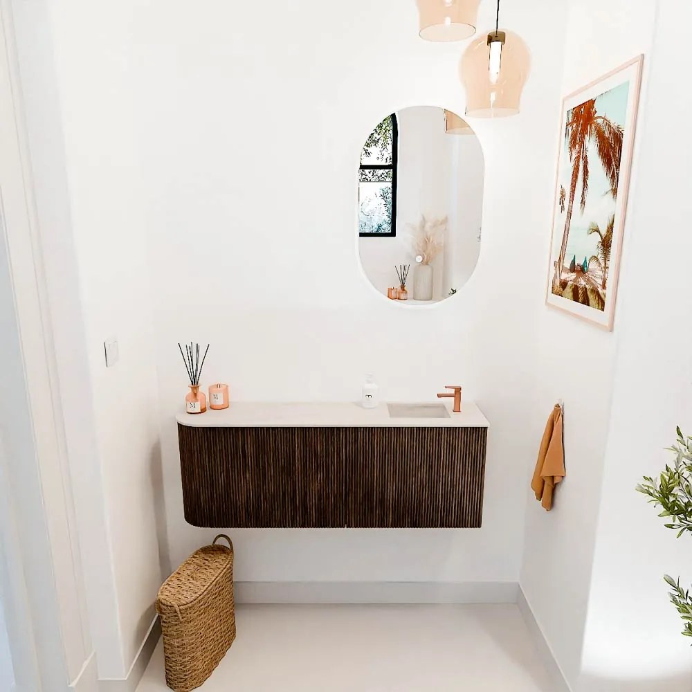 Mondiaz Joya DLux 110cm toiletmeubel ronding links walnut met wastafel faye rechts 1 kraangat meli