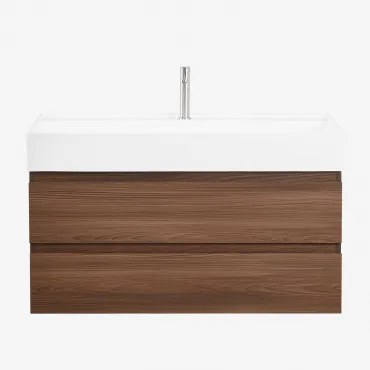 Ona Zwevend Badkamermeubelset Van Hout En Essenfineer Met Geïntegreerde Wastafel Donker Hout & Spiegelloze & Geborsteld Grijs ↑20 - Sklum