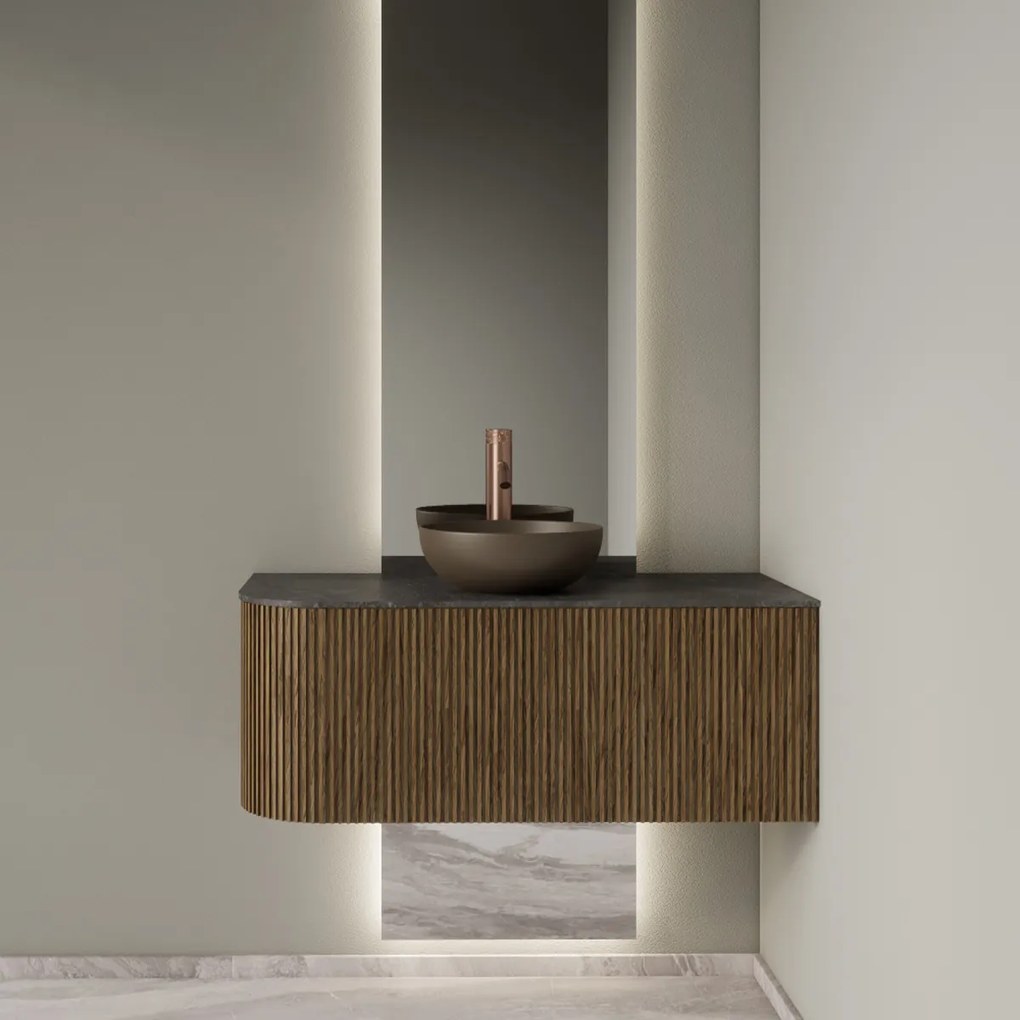 Gliss Design Alluro badmeubel ribbelfront met ronding links 100cm castle brown en zwart leisteen toppaneel