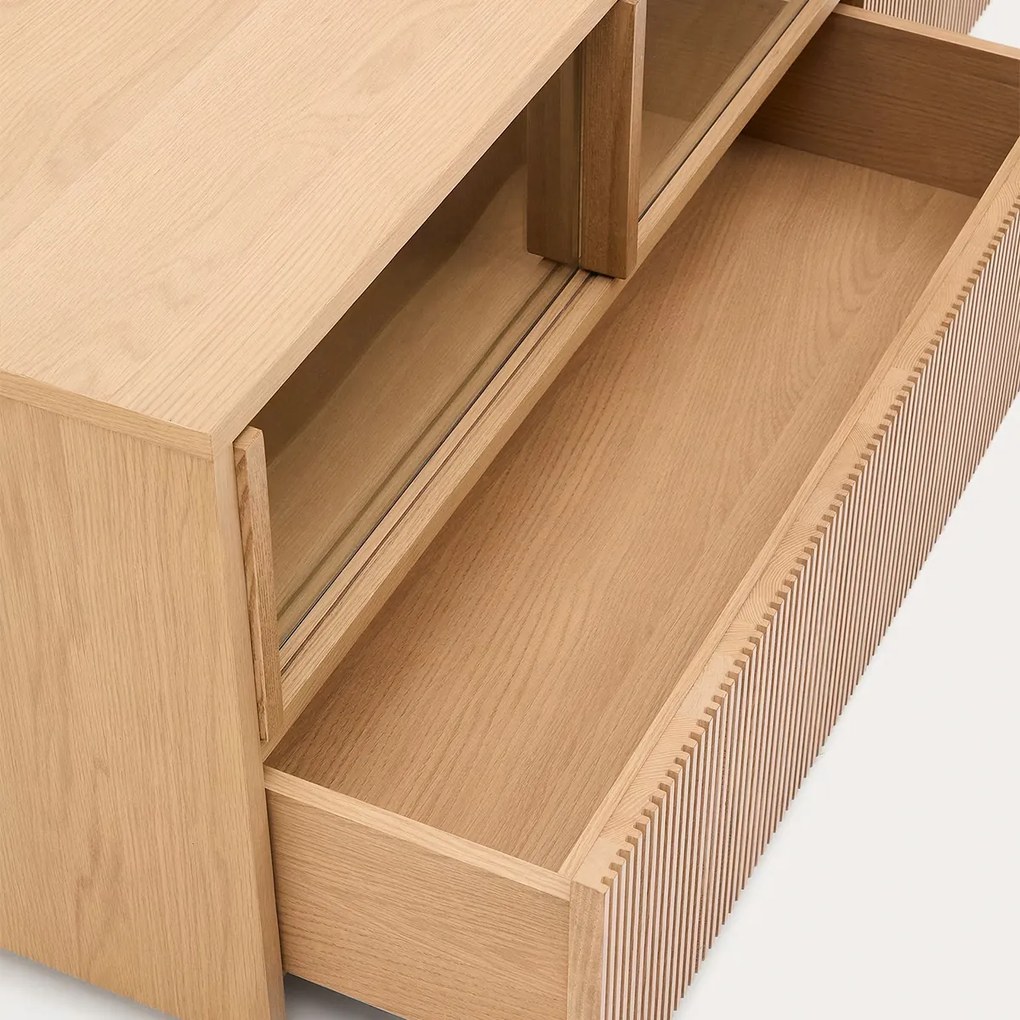 Kave Home Helvine Tv-meubel Eiken Met Glazen Schuifdeuren - 200x40x54cm.