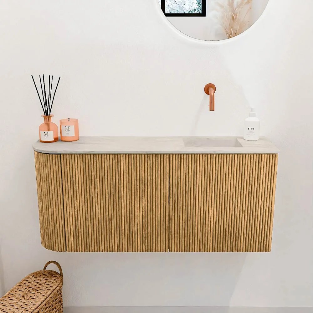 Mondiaz Joya DLux 90cm toiletmeubel ronding links oak met wastafel faye rechts zonder kraangat ostra