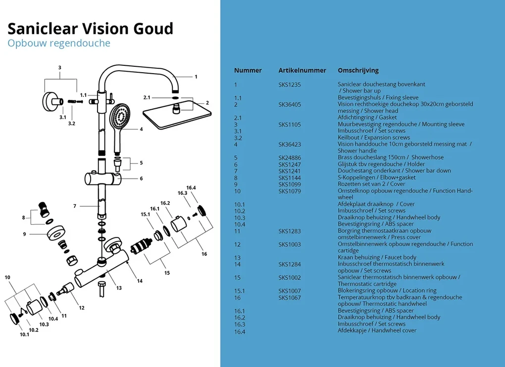 Saniclear Vision opbouw regendouche met 20x30cm hoofddouche geborsteld messing - mat goud
