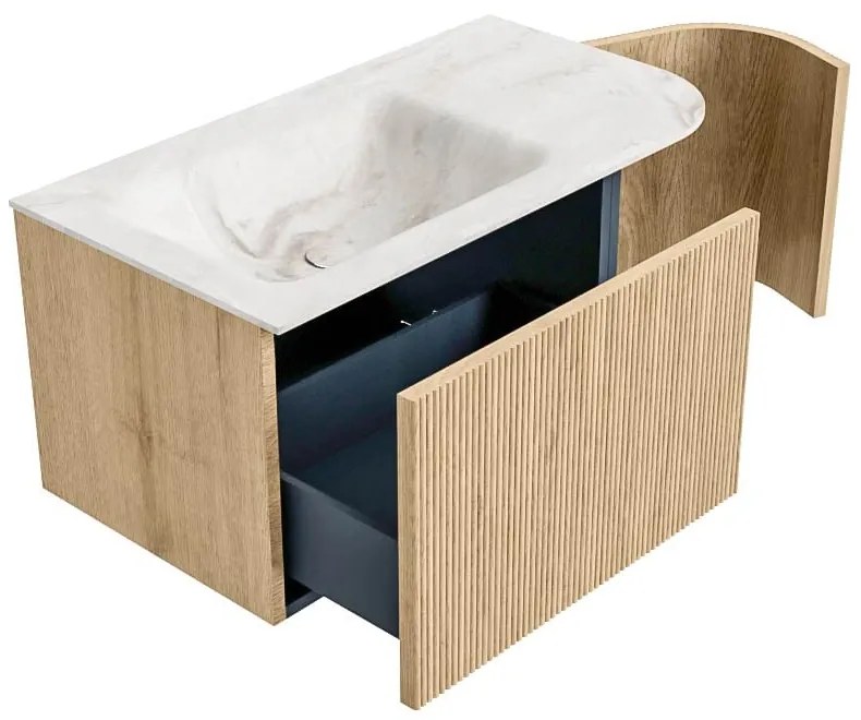 Mondiaz Kurve-dlux 85cm badmeubel ronding rechts oak met 1 lade en deur en wastafel cloud kraangat links frappe