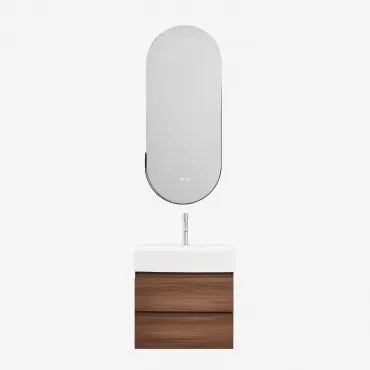 Badkamermeubelset Van Hout En Essenhoutfineer Met Geïntegreerde Wastafel Ona Donker Hout & Oval Led And Antifog Black 45x105 Cm Vacson - Sklum