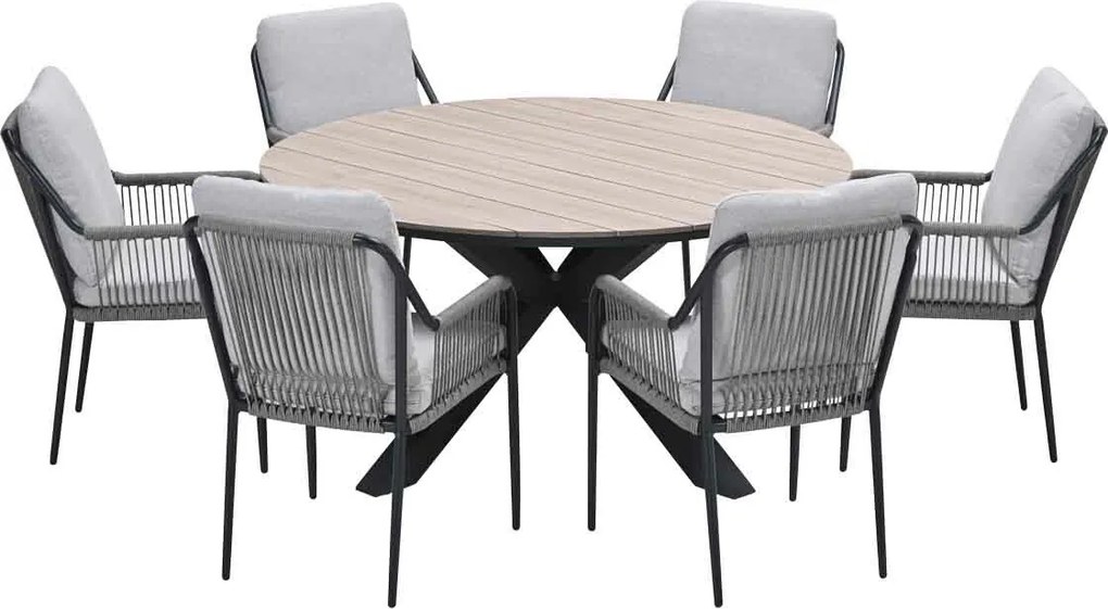 Garden Impressions Stevie tuinset 7-delig taupe - Tulli tuintafel Ø148x75 cm light teak vironwood