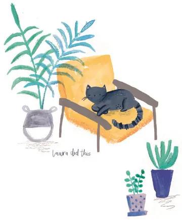 Ilustratie Black cat on mustard scandi chair, Laura Irwin, (30 x 40 cm)