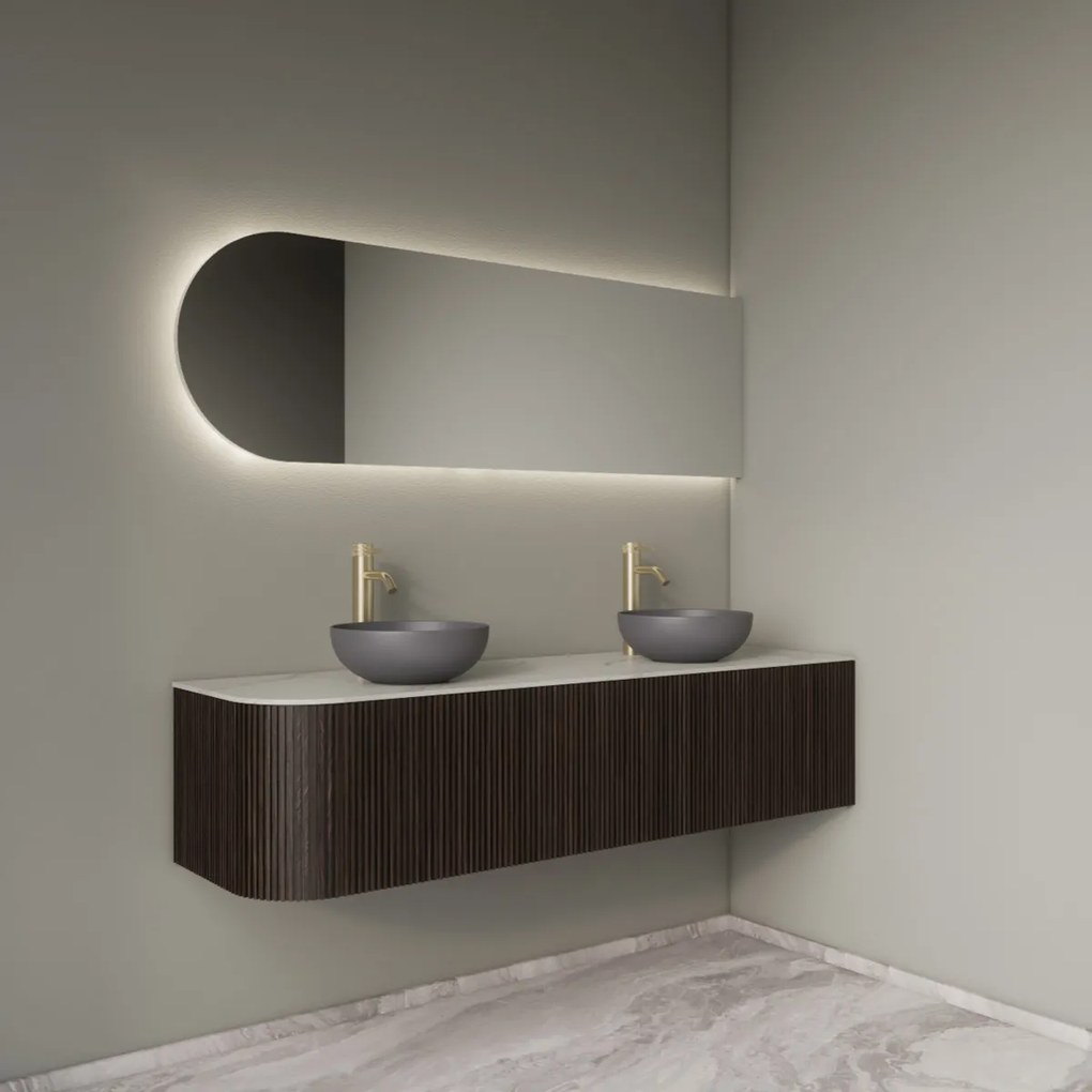 Gliss Design Alluro badmeubel ribbelfront met ronding links 160cm ebony en wit marmer toppaneel