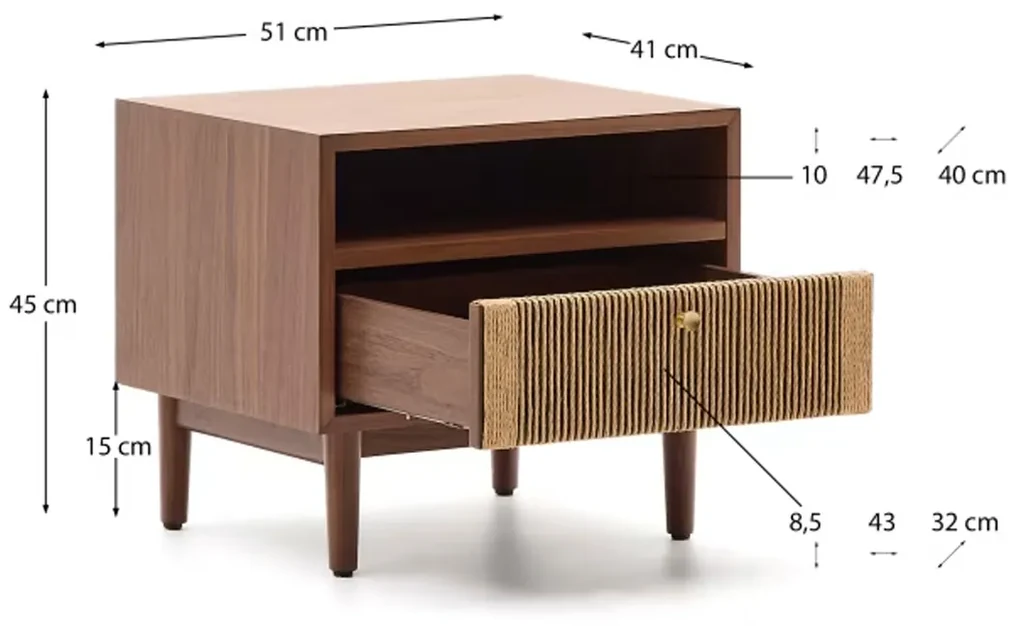 Kave Home Elan Retro Nachtkastje Walnoot Met Touw - 51x41x45cm.