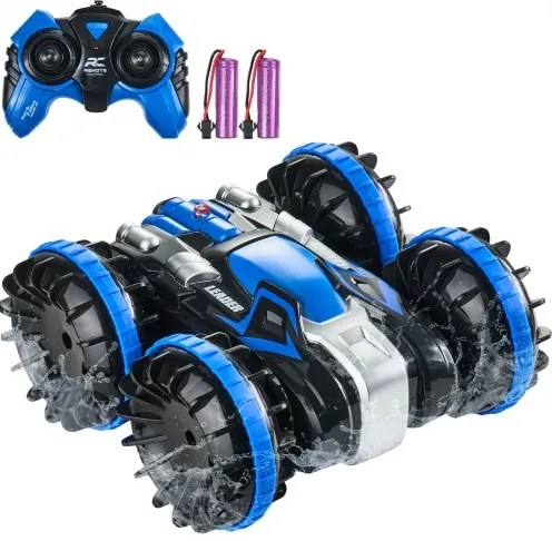 VEVOR Amfibische afstandsbediening autoboot, 2,4 GHz, 12 km/u, 4WD waterdichte RC-auto voor kinderen, 360° roterende stuntauto met 2 batterijen, terreinspeelgoed voor op het strand en in het zwembad voor jongens en meisjes vanaf 6 jaar, blauw