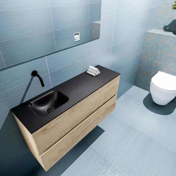 MONDIAZ ADA Toiletmeubel 100x30x50cm met 0 kraangaten 2 lades washed oak mat Wastafel Lex links Solid Surface Zwart FK75342338