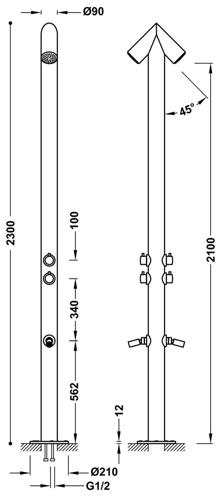 Tres Fuera dubbele buitendouche met mengkraan 230cm RVS