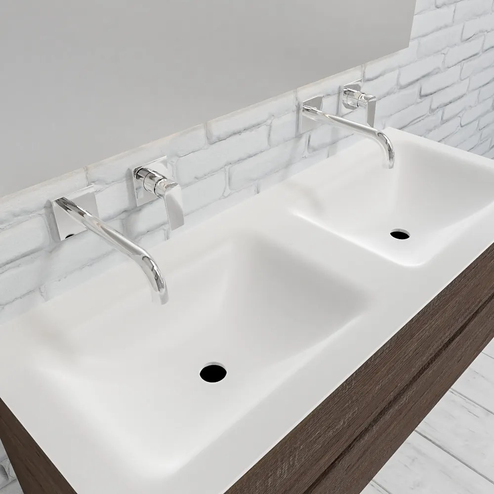 Zaro Valencia Solid Surface badmeubel 120cm donker eiken zonder kraangat dubbele spoelbak met 2 lades