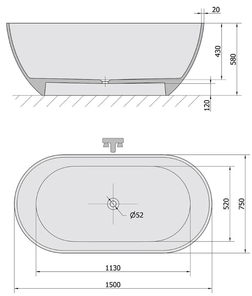 Polysan Reduta vrijstaand bad antraciet mat/wit mineraalmarmer 150x75cm
