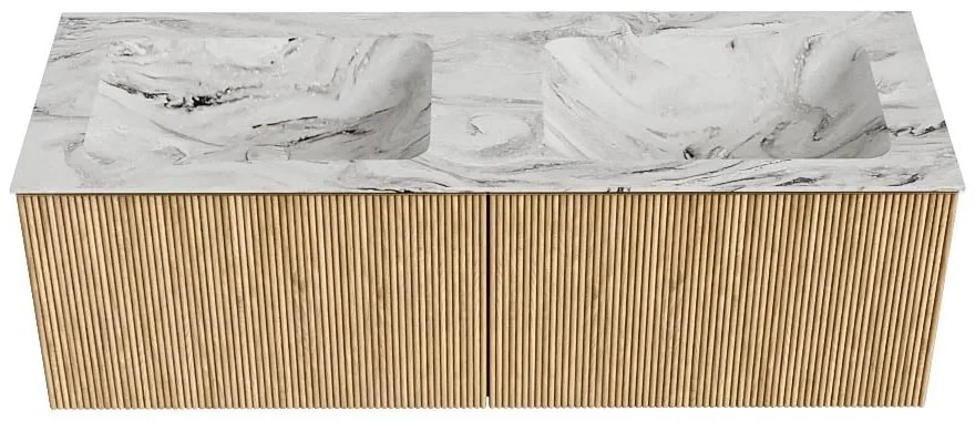 Mondiaz Kurve-dlux 130cm badmeubel oak met 2 lades en wastafel leaf dubbel 2 kraangaten glace
