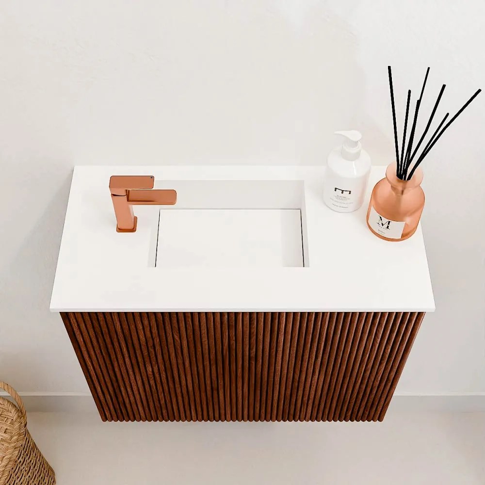 Mondiaz Joya 50cm toiletmeubel ruby met wastafel faye links 1 kraangat talc