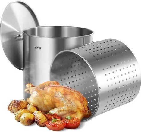 VEVOR soeppan roestvrij staal, 94,6 L kookpotten grote capaciteit pan kookgerei steelpan met mand &amp; deksel &amp; handvat, soeppan van commerciële kwaliteit, schuurbehandeling, voor stomen, koken of bakken