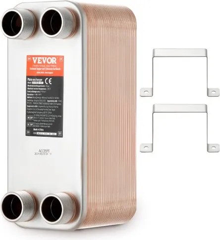 VEVOR warmtewisselaar, 127 x 305 mm, 50 platen, gesoldeerde platenwarmtewisselaar, koper/316L roestvrij staal water-water warmtewisselaar voor vloerverwarming, warmwaterverwarming, sneeuwsmelten, bierkoeling
