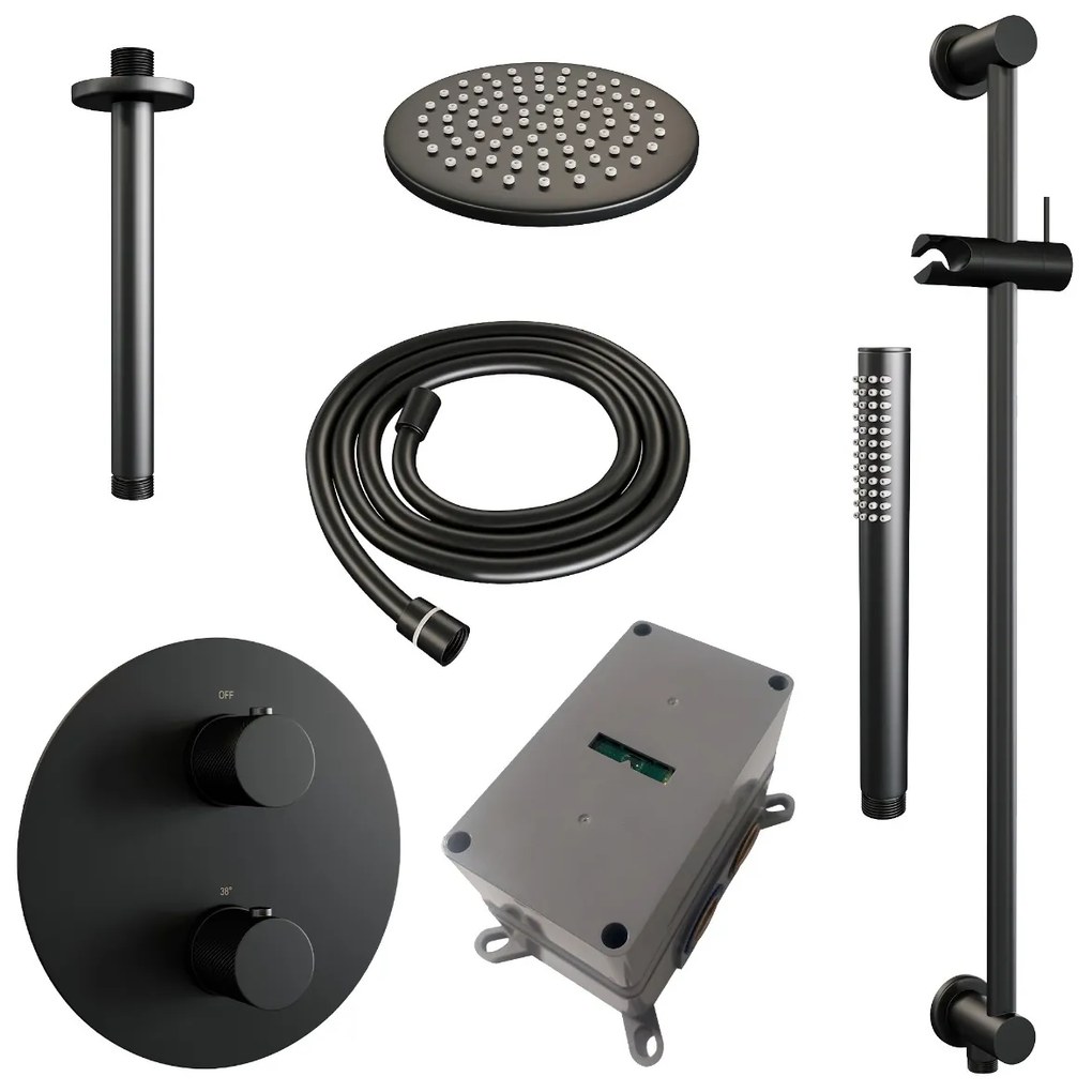 Brauer Black Carving thermostatische inbouw regendouche met staafhanddouche, plafondarm, glijstang en hoofddouche 20cm set 89 zwart mat