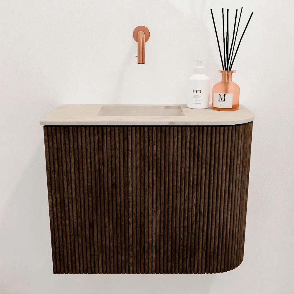 Mondiaz Joya DLux 50cm toiletmeubel ronding rechts walnut met wastafel faye links zonder kraangat frappe