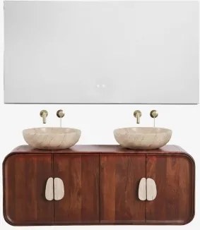 Dubbel Zwevend Badkamermeubelset 130x45 Cm Van Mangohout En Natuurlijke Kivalina-steen Travertijn - Donker Mangohout & 2 X Ronde Travertijn Ø40 -