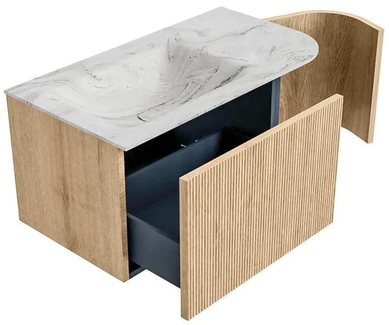 Mondiaz Kurve-dlux 85cm badmeubel ronding rechts oak met 1 lade en deur en wastafel cloud links zonder kraangat glace