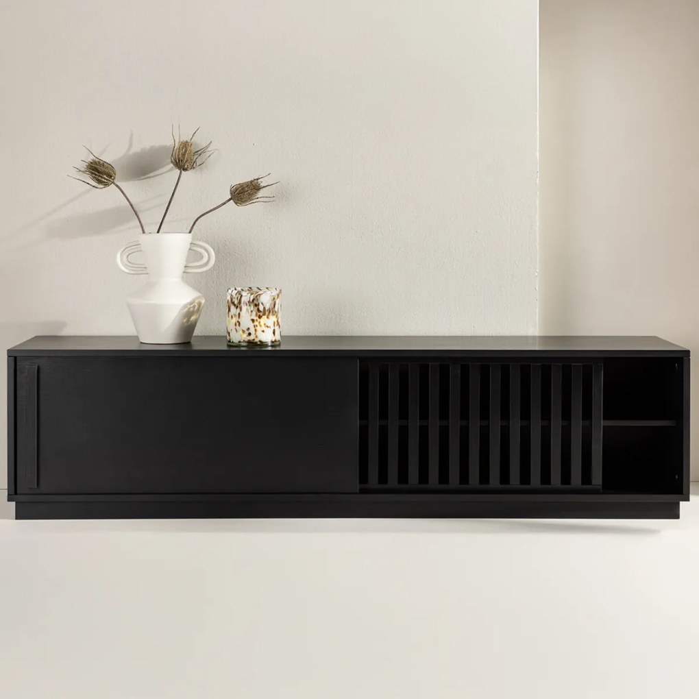 TV Meubel Met Schuifdeur Zwart - 180x40x45cm.