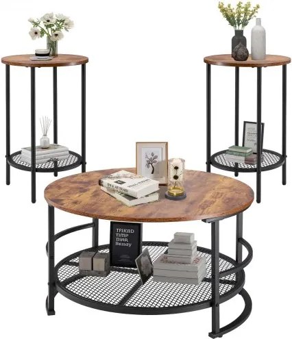 VEVOR 3-delige ronde salontafelset (800 x 465 mm), industriële salontafel met 2 ronde bijzettafels (40 x 60 cm), bijzettafelset met metalen poten, in elkaar schuifbare tafels voor kantoor, woonkamer, appartement