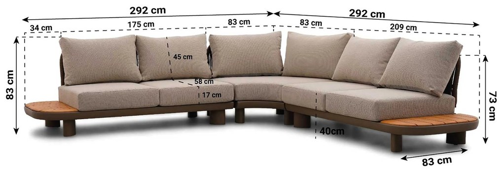 Hoek loungeset 5 personen Aluminium/Rope /Teak Taupe Santika Furniture Santika