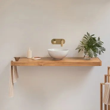 Conjunto Van Meubel 130x45 Cm Hangend In Teakhout Neill Teakhout & Rond Wit Keramiek Ø30 Cm Calgari & Spiegelloze & Goud Ingebed Met - Sklum