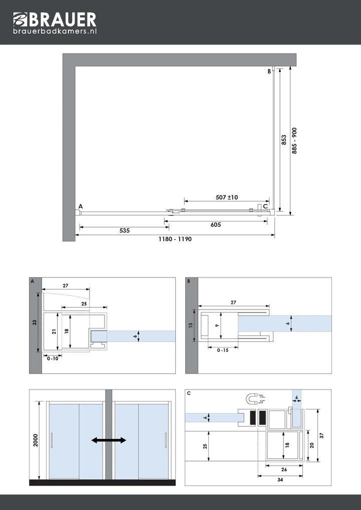 Brauer Season douchecabine met schuifdeur 120x90cm koper