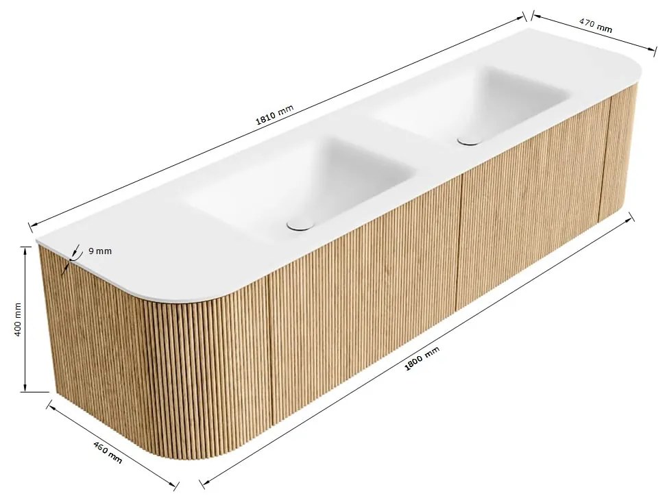 Mondiaz Kurve 180cm badmeubel ronding links/rechts oak met 2 lades en deuren en wastafel cloud dubbel zonder kraangat urban