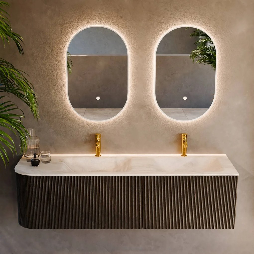 Mondiaz Kurve-dlux 155cm badmeubel ronding links shadow met 2 lades en 1 deur en wastafel leaf dubbel/rechts 2 kraangaten ostra