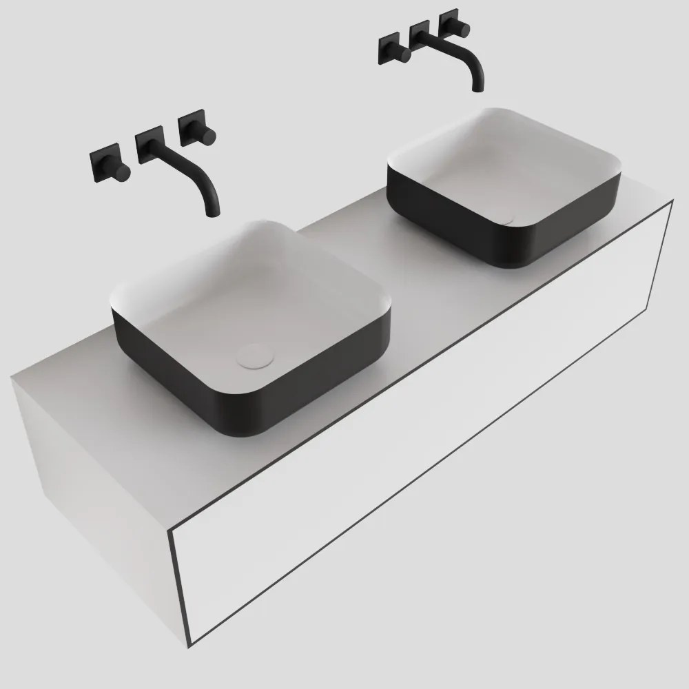 Zaro Lagom volledig naadloos solid surface onderkast met topblad 130cm mat zwart met 1 lades Push tot open. Compleet met solid surface opzetkom met 0 kraangat(en)