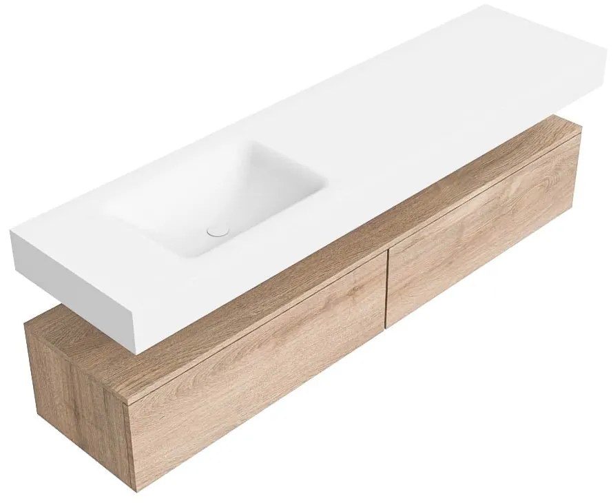 Zaro Alan badmeubel 180cm washed oak 2 lades met vrijhangende wastafel cloud links zonder kraangat talc