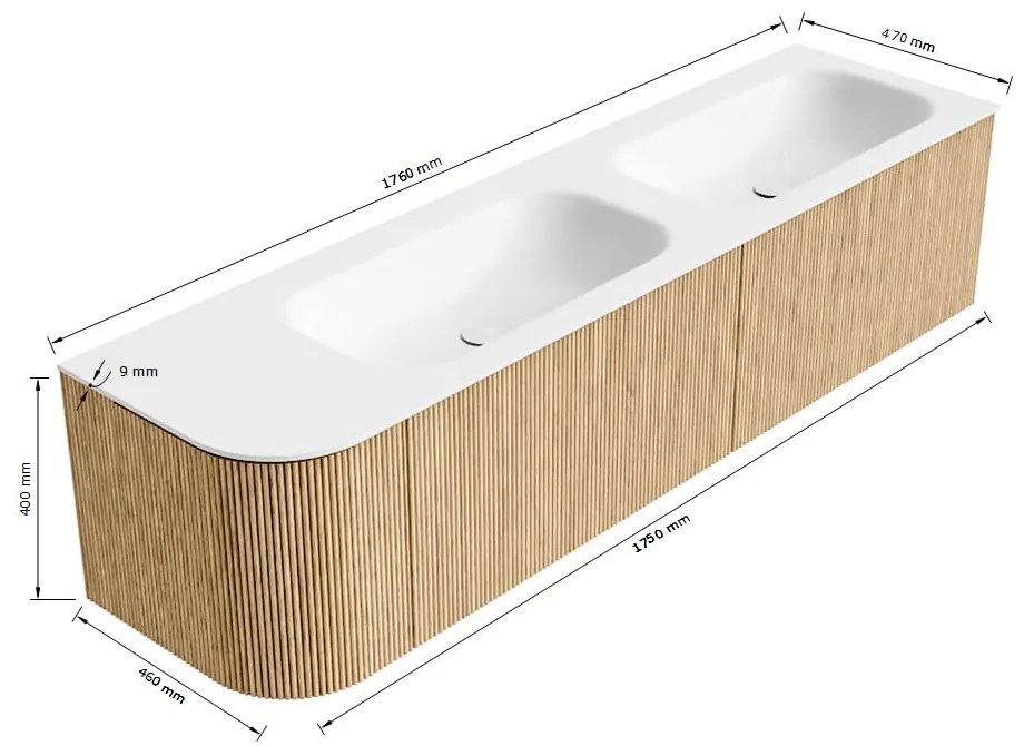 Mondiaz Kurve 175cm badmeubel ronding links oak met 2 lades en 1 deur en wastafel big small dubbel/rechts 2 kraangaten urban